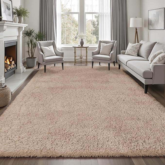 Area Rug for Living Room Bedroom: 9x12 Camel Soft Fluffy Shag Upgrade Non-Slip