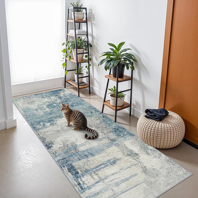 Blue Abstract 3x8 Washable Non Slip Hallway Runner Rug | Soft Low Pile Indoor