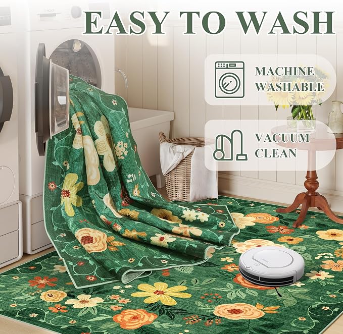 DUKINO 2x5 Runner Rug for Hallway, Washable Kitchen Floral Runner Rug