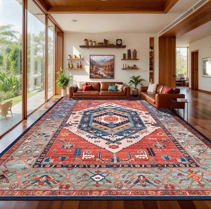 SERISSA Washable Rugs 9x12 Area Rugs, Large Non-Slip Boho Living Room Rust Rug