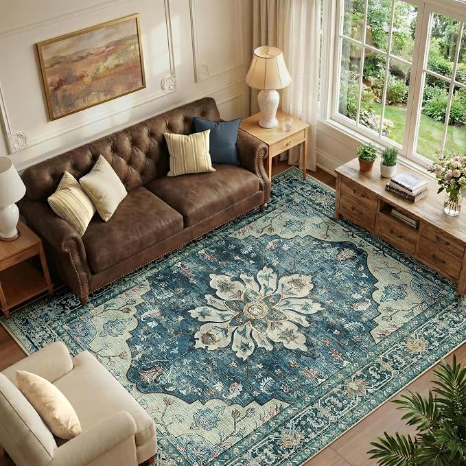 RELEANY Area Rugs 6'x9' Washable Non-Slip, Floral Vintage Distress Medallion