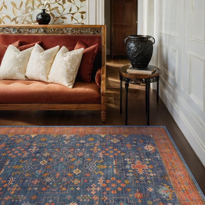 Hazo Haus Dark Blue & Terracotta 5x8 Living Room Rug