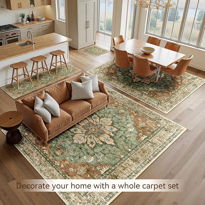 RELEANY Area Rugs Large 10'x12' Washable Non-Slip, Floral Vintage Distress