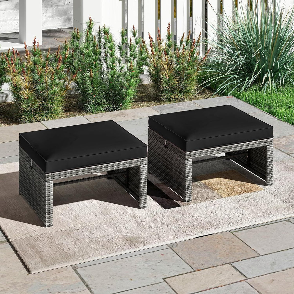 RELAX4LIFE Wicker Outdoor Ottoman Set of 2 - Rattan Footstools Foot Rest w/Removable Cushions, Multipurpose Side Table & Additional Seating, Outdoor Ottomans for Patio Garden Porch (Grey-Black)