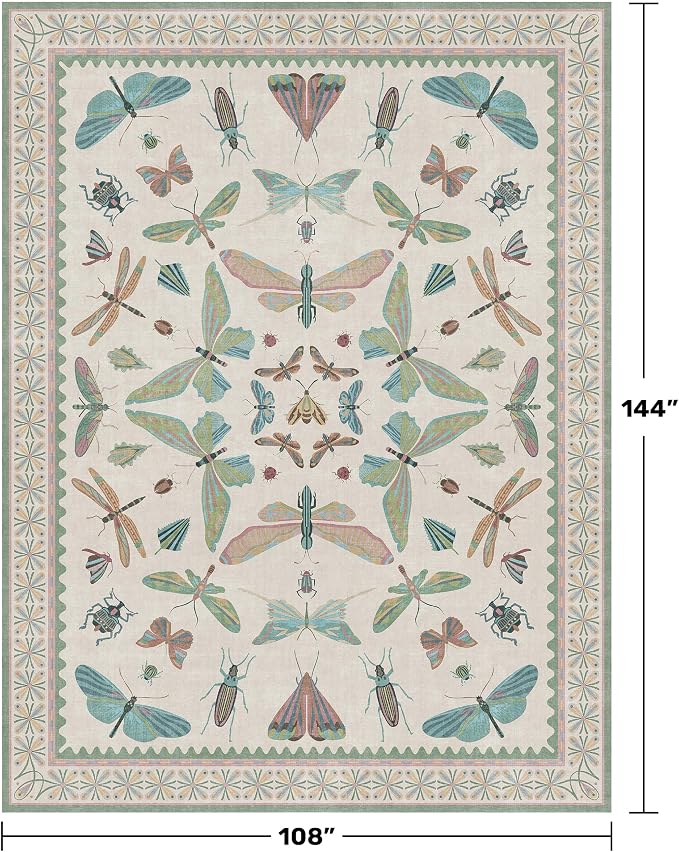 Green Butterfly Area Rug 9x12 for Living Room, Washable Floral Rug for Girls
