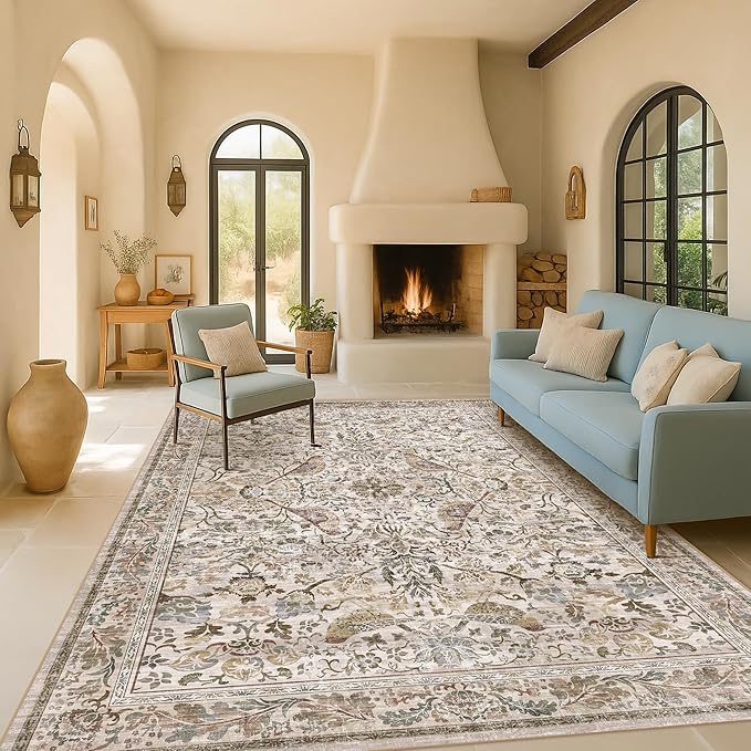 Moss 5x7 Living Room Area Rug, Vintage Washable Rug