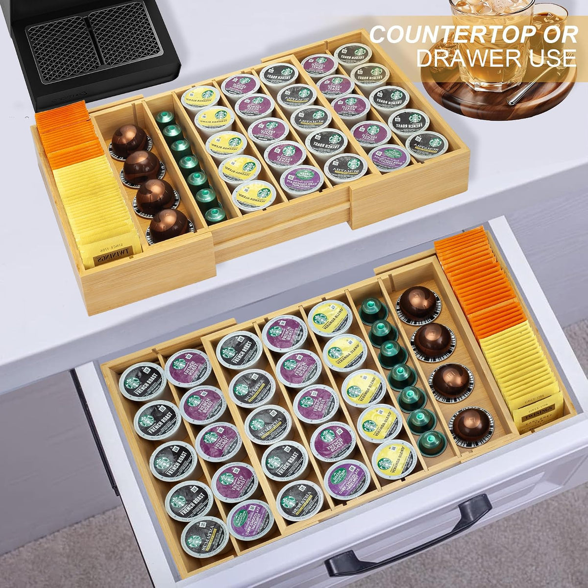 MinBoo Bamboo K Cup Holder for Drawer or Countertop Coffee Pod Holder Expandable K Cup Pod Storage Tea bag organizer K Cup Storage for Coffee Station Home Office and Kitchen, Natural