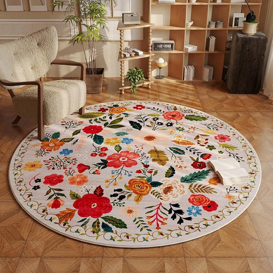 Rugcomf Round Rug 6ft Washable Circle Rug Non Slip Low Pile Boho Floral Small