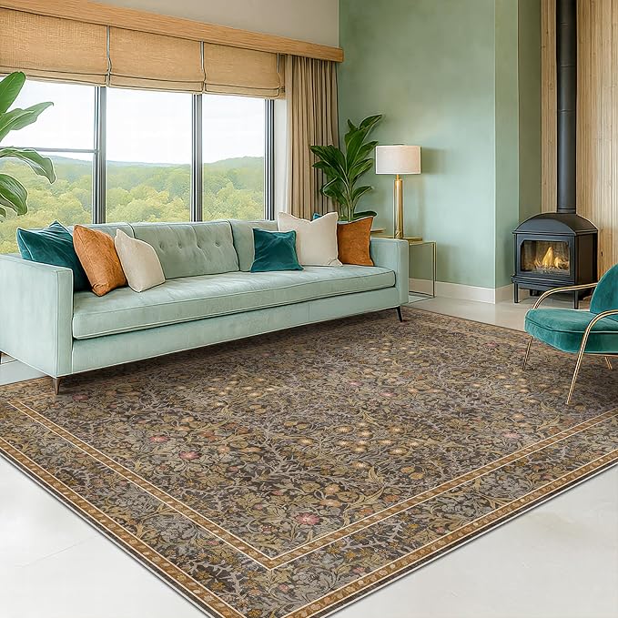 Gold Brown Floral Living Room Rug 5x7