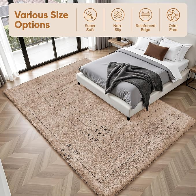 Area Rug for Living Room Bedroom: 9x12 Camel Soft Fluffy Shag Upgrade Non-Slip