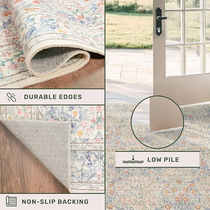 Hazo Haus Washable Beige Blue 2x10 Runner Rug