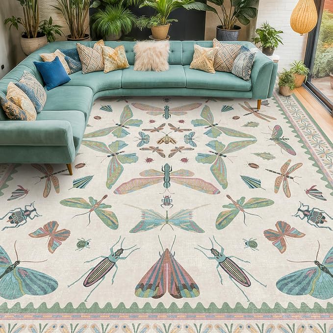 Green Butterfly Area Rug 9x12 for Living Room, Washable Floral Rug for Girls