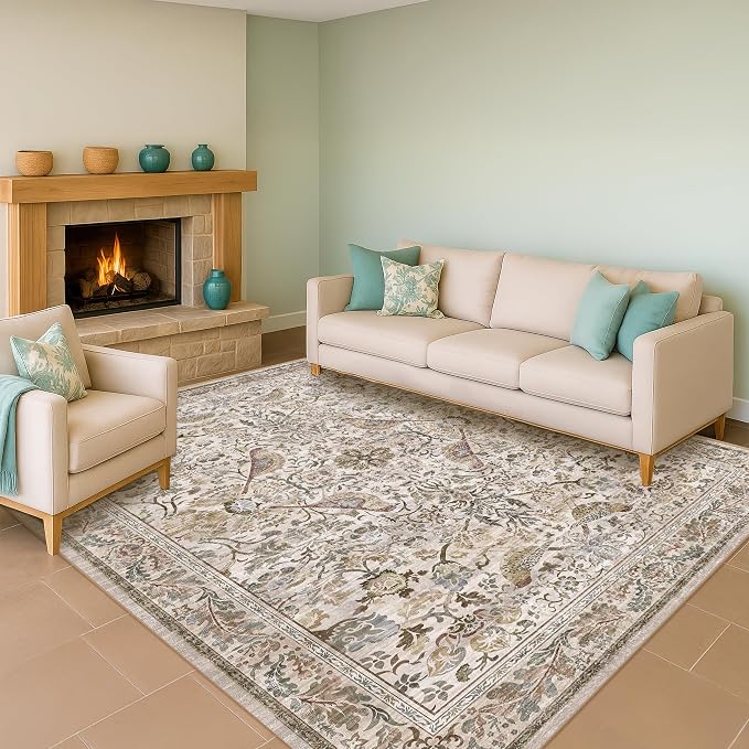 Moss 5x7 Living Room Area Rug, Vintage Washable Rug
