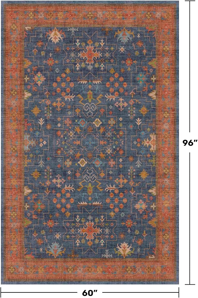 Hazo Haus Dark Blue & Terracotta 5x8 Living Room Rug