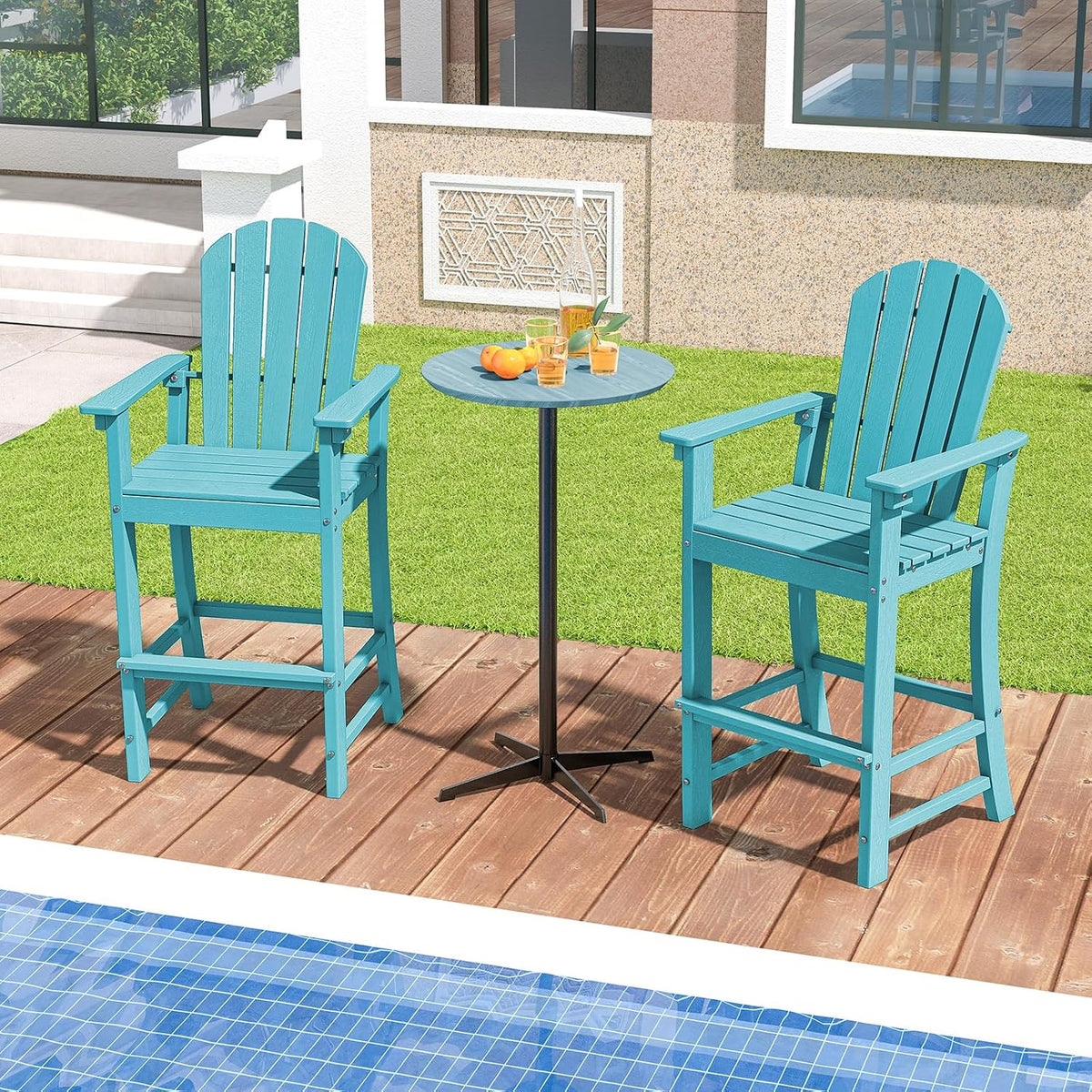 Tangkula Outdoor Tall Adirondack Chair 30 Inches Seat Height, HDPE Bar Height Patio Chair with High Backrest, Armrests and Footrest, Outdoor Bar Stool for Balcony Deck Garden Poolside (1, Turquoise)