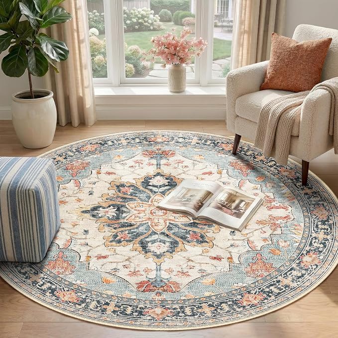 RELEANY Area Rugs Round 4ft Washable Non-Slip, Floral Vintage Distress