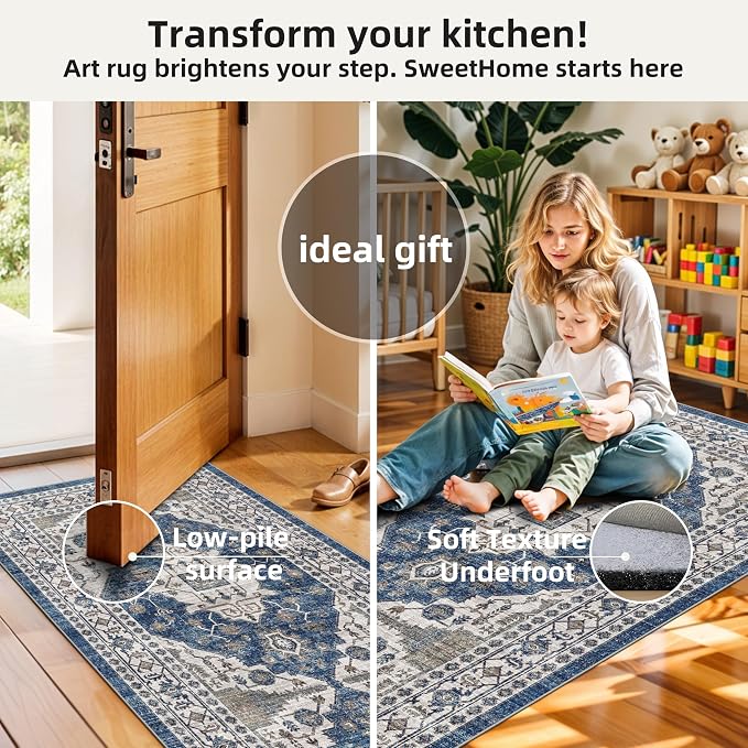Washable 4-Piece Kitchen Floor Mats: Farmhouse Non-Slip Kitchen Sink Rug Easy
