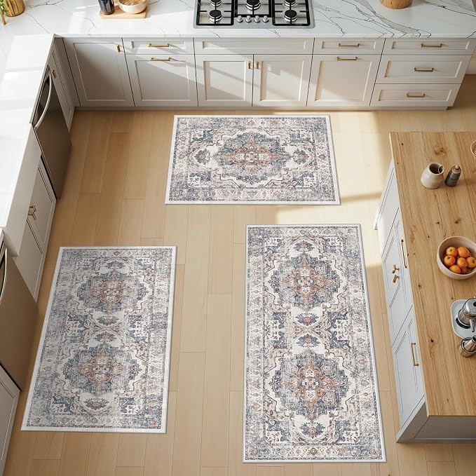 4 Pieces Kitchen Rug Set: Washable Water Resisitant Carpet