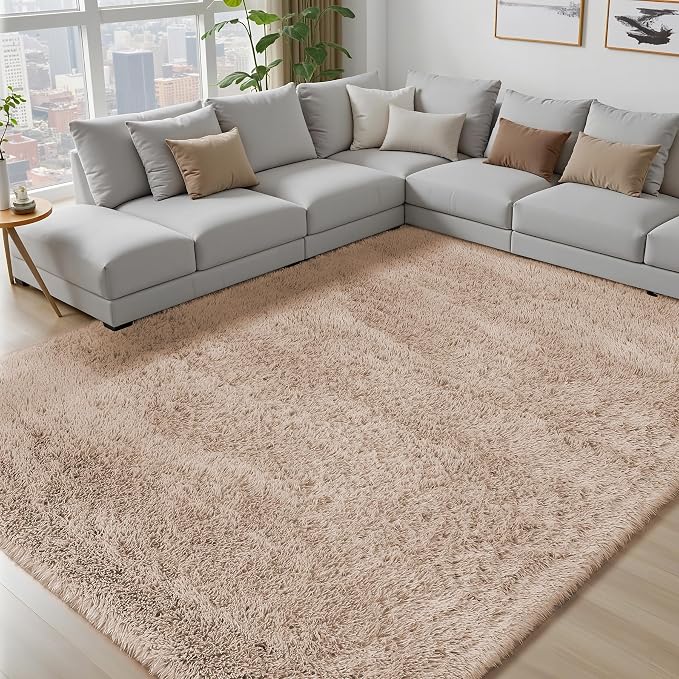Area Rug for Living Room Bedroom: 9x12 Camel Soft Fluffy Shag Upgrade Non-Slip