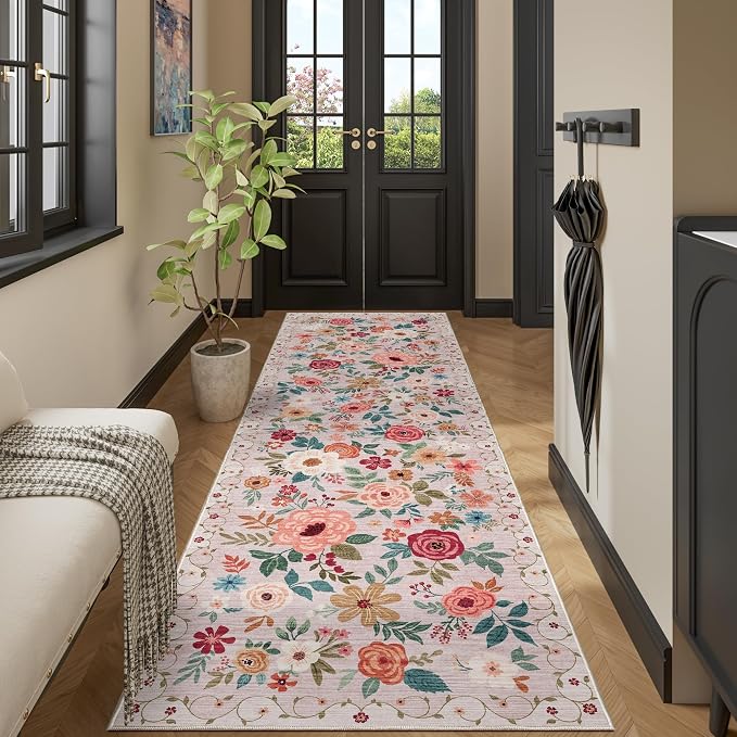DUKINO 3x10 Runner Rug for Hallway, Washable Kitchen Floral Runner Rug