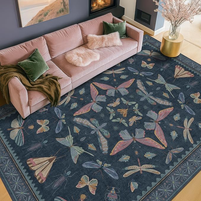 Navy Blue 6x8 Boho Rug for Living Room, Stain Resistant Non Slip Area Rug for