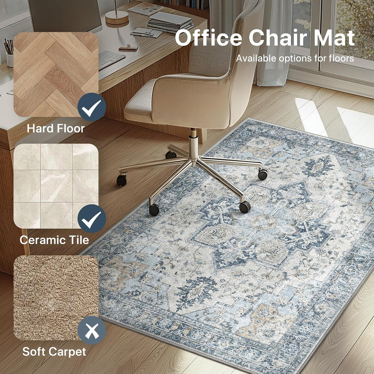 36"x48" Office Chair Mat for Hardwood Floor, Non-Slip Washable Blue