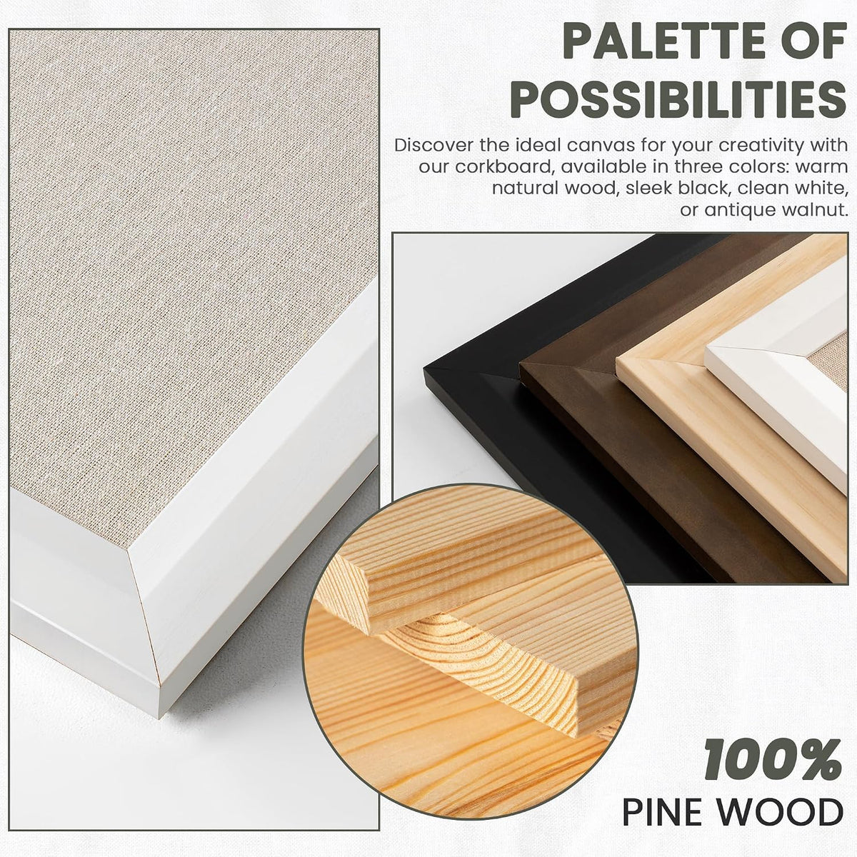 Bulletin Board Cork Board with Linen, 100% Wood Framed 24" x 36" Bulletin Board Decorations, Pin Boards for Walls, Wall Mounted Fabric Picture Board with 10 Pushpins for School, Home & Office, White
