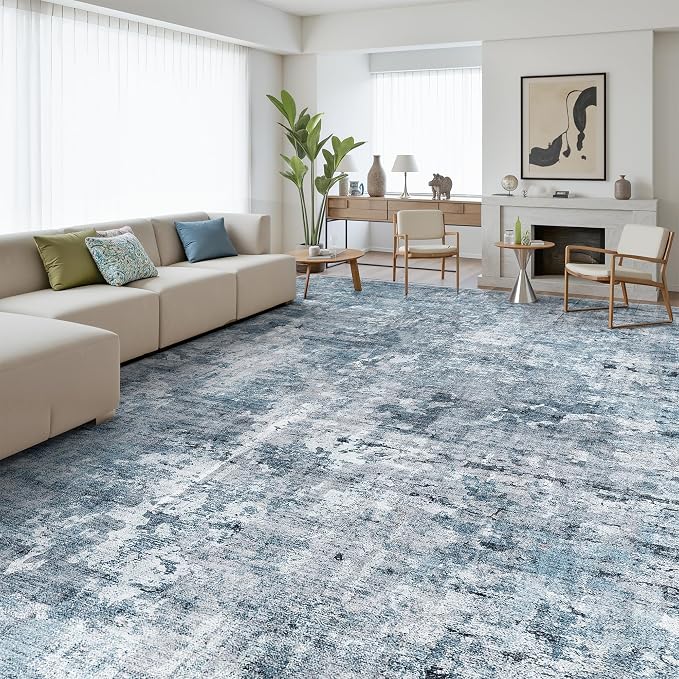 Soalmost 12x15 Washable Area Rug Blue/Grey Neutral Abstract Living Room Large