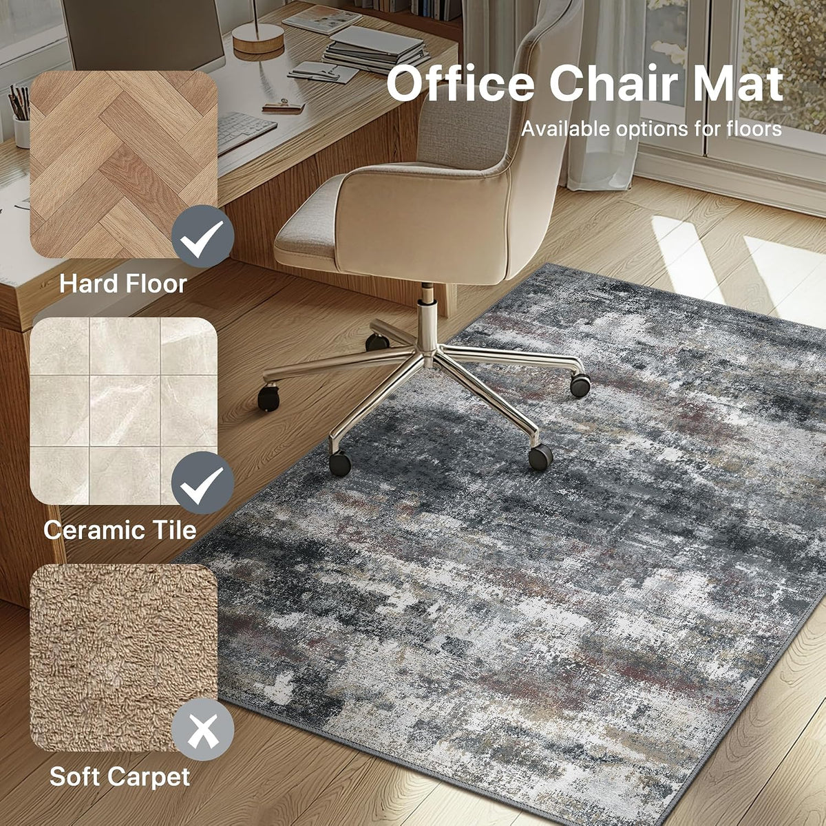 Office Chair Mat for Hardwood Floor, Abstract 36"X 60" Non-Slip Dark Gray