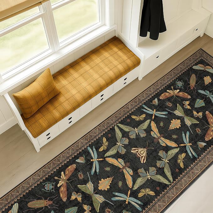 Vintage Insect 2x8 Black Entryway Runner Rug, Washable Non Slip Runners