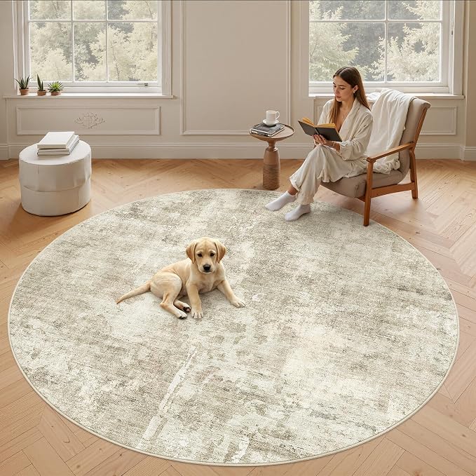 Soalmost 9x9 Beige Gray Round Rug 9ft Living Room Circle Rug Vintage Round Area