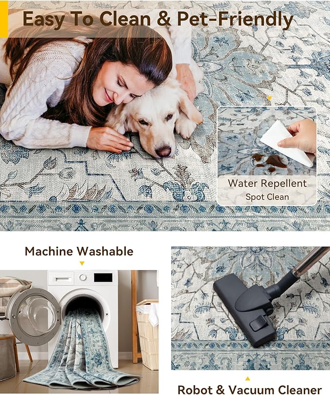 RELEANY Area Rugs Runner 3'x12' Washable Non-Slip, Floral Vintage Distress