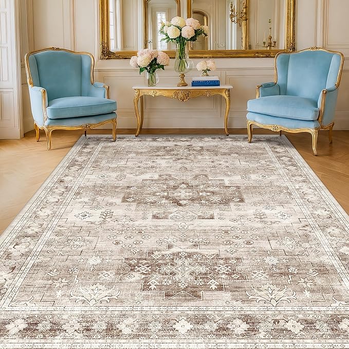 Washable Neutral Farmhouse Living Room Rug, 6x9 Area Rugs