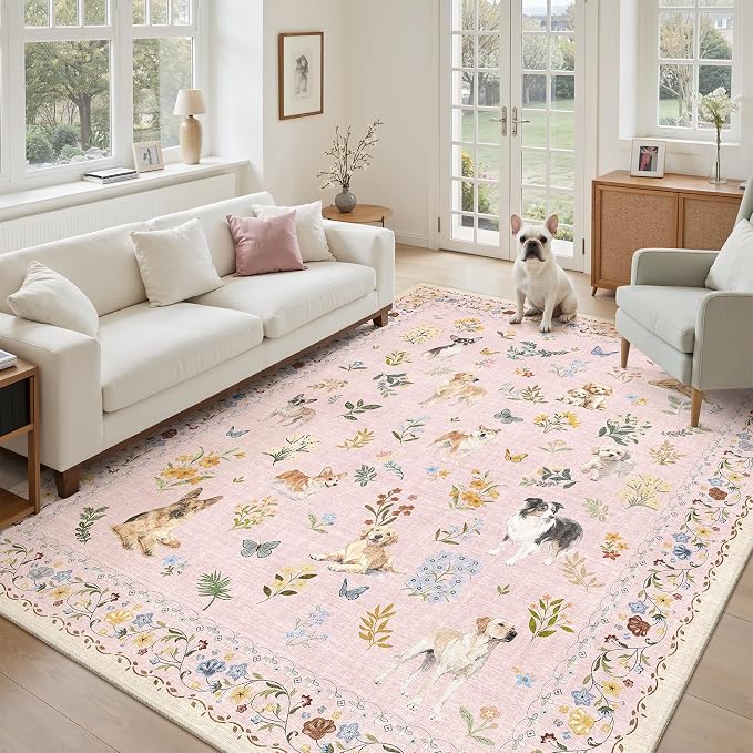 Soalmost Dog 6x9 Area Rugs for Living Room, Machine Washable Animal Floral