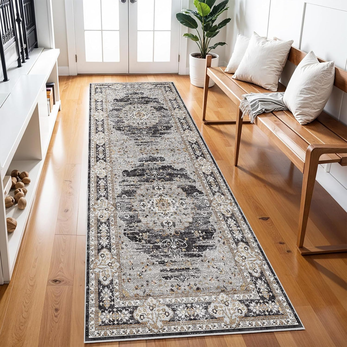 3x8 Washable Hallway Runner Rug - Non-Slip Vintage Kitchen Rugs Black Gray