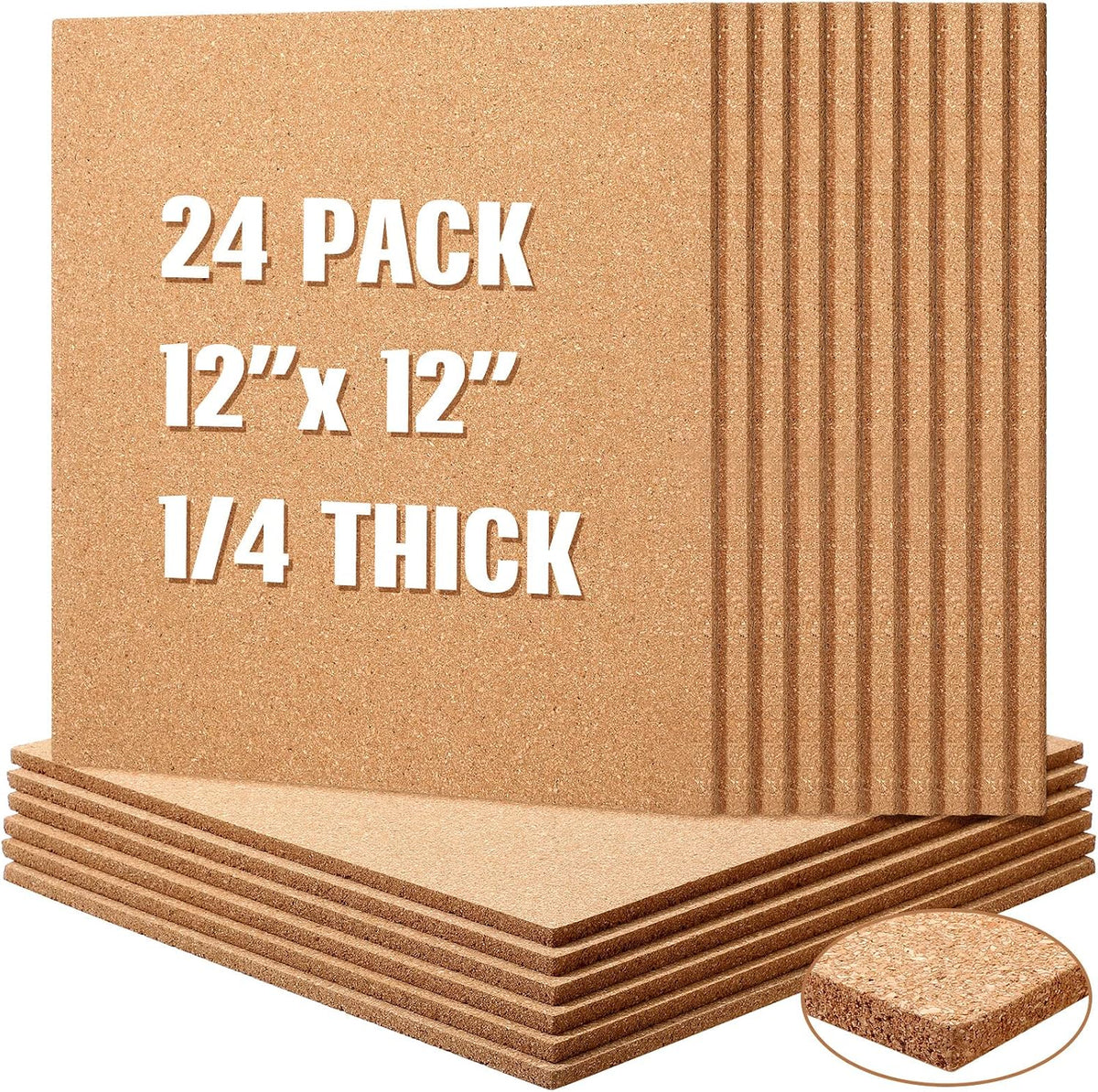 Crtiin 24 Pcs Cork Board Tiles, 12"x12" 1/4" Thick Brown Cork Squares Tiles
