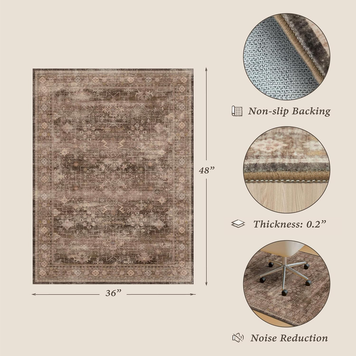 JTJ Desk Chair Mat for Hardwood & Tile Floors, 36" x 48" Vintage Office Rug