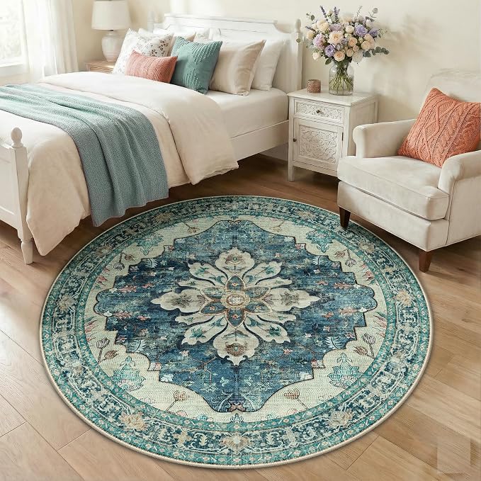 RELEANY Area Rugs Round 5ft Washable Non-Slip, Floral Vintage Distress