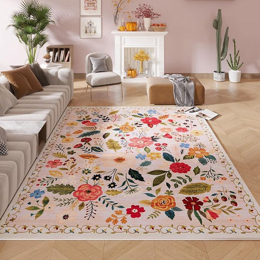 Rugcomf Living Room Rug 6x9 Rug Machine Washable Boho Area Rug Non Slip Floral