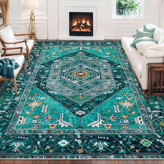 SERISSA Washable 8x10 Area Rugs Teal, Large Non-Slip Boho Living Room Rug