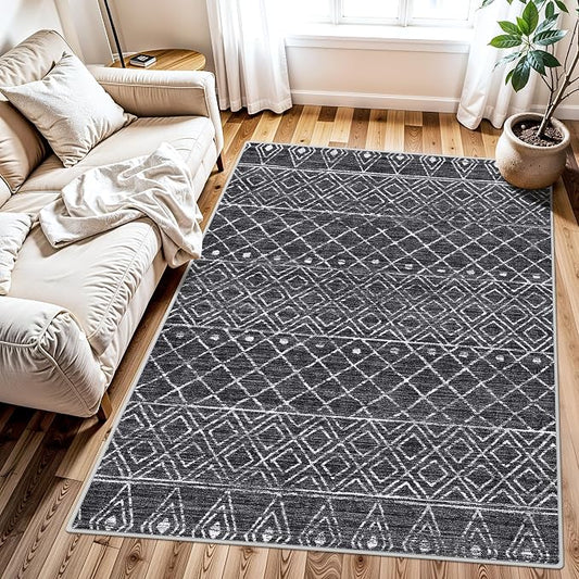 Black Non Slip Moroccan 3x4 Washable Area Rug | Soft Stain-resistant Mat