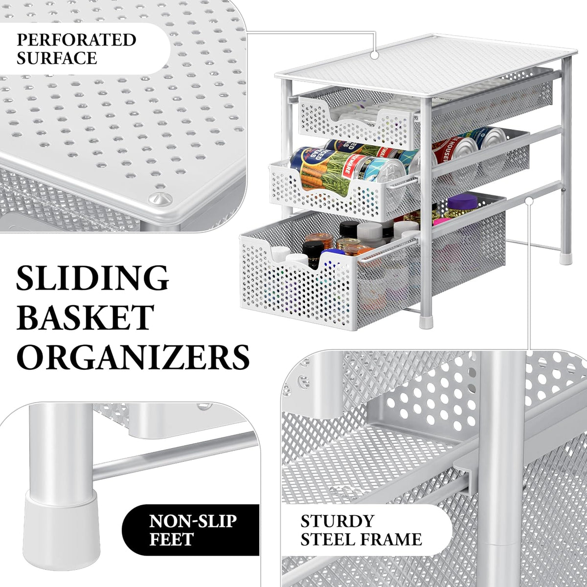 Simple Houseware 3 Tier White Alloy Steel Sliding Basket Organizer Drawer Cabinet