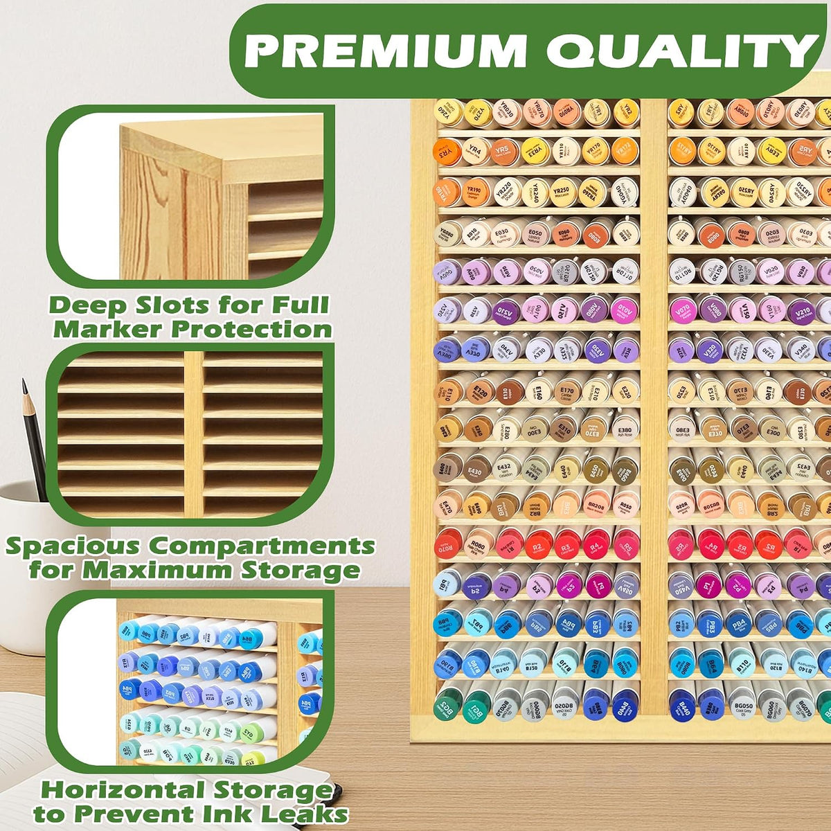 PROLEE Marker Organizer for 224 Markers, Wooden Alcohol Marker Holder with 32 Compartments, Horizontal Art Pen and Pencil Storage Rack for Desk, Classroom and Studio, Natural