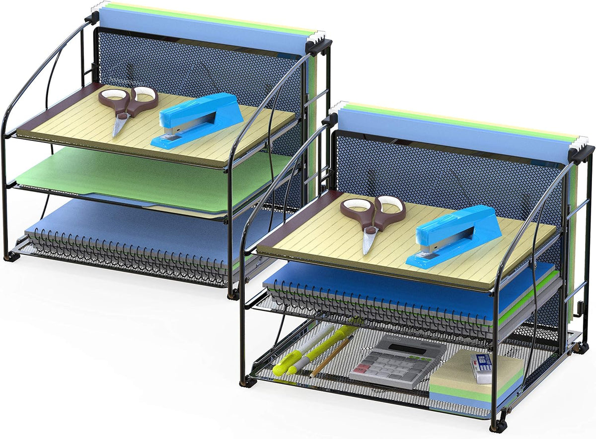 Simple Houseware 3-Tier Desk Organizer with Sliding Drawer, Black, 2-Pack