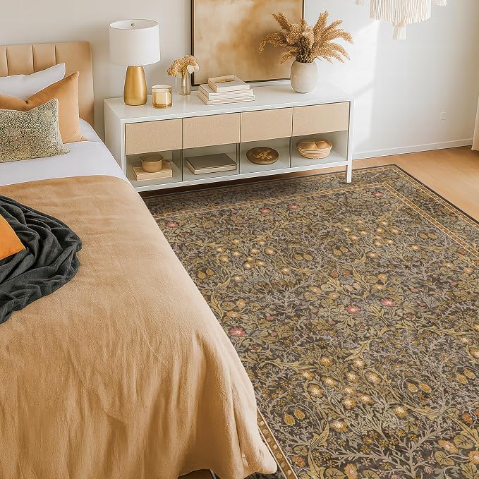 Gold Brown Floral Living Room Rug 5x7