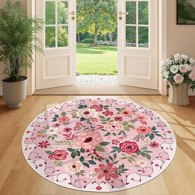 DUKINO Floral Round Rug, 4ft Washable Round Area Rug, Non Slip Indoor Low Pile