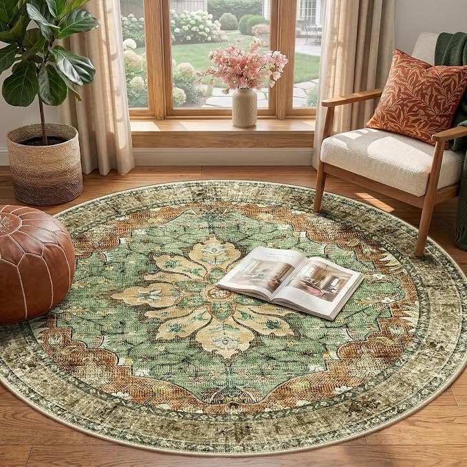 RELEANY Area Rugs Round 4ft Washable Non-Slip, Floral Vintage Distress