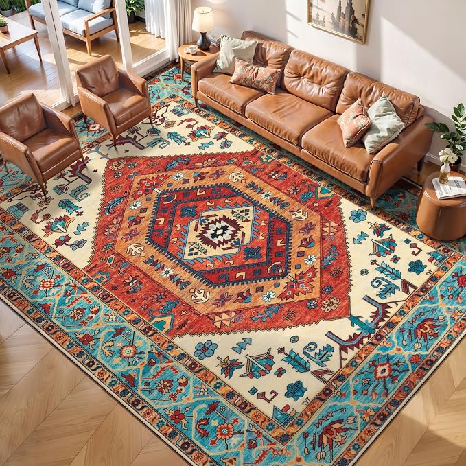 SERISSA 7x9 Area Rugs for Living Room, Large Washable Non-Slip Boho Rug