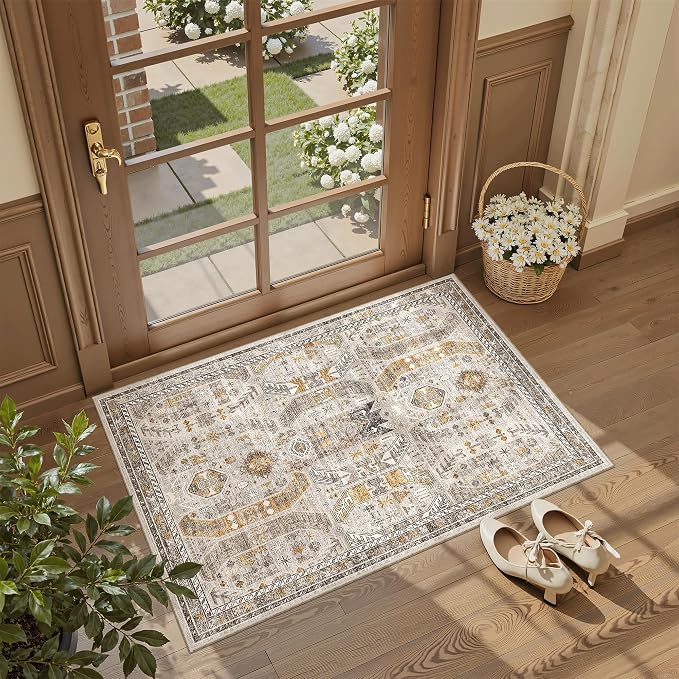 Madane Washable Area Rug 2x3, Small Entryway Rug Non-Slip Vintage Door Mat