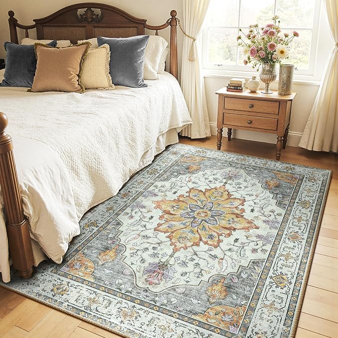 RELEANY Area Rugs 4'x5' Washable Non-Slip, Floral Vintage Distress Medallion